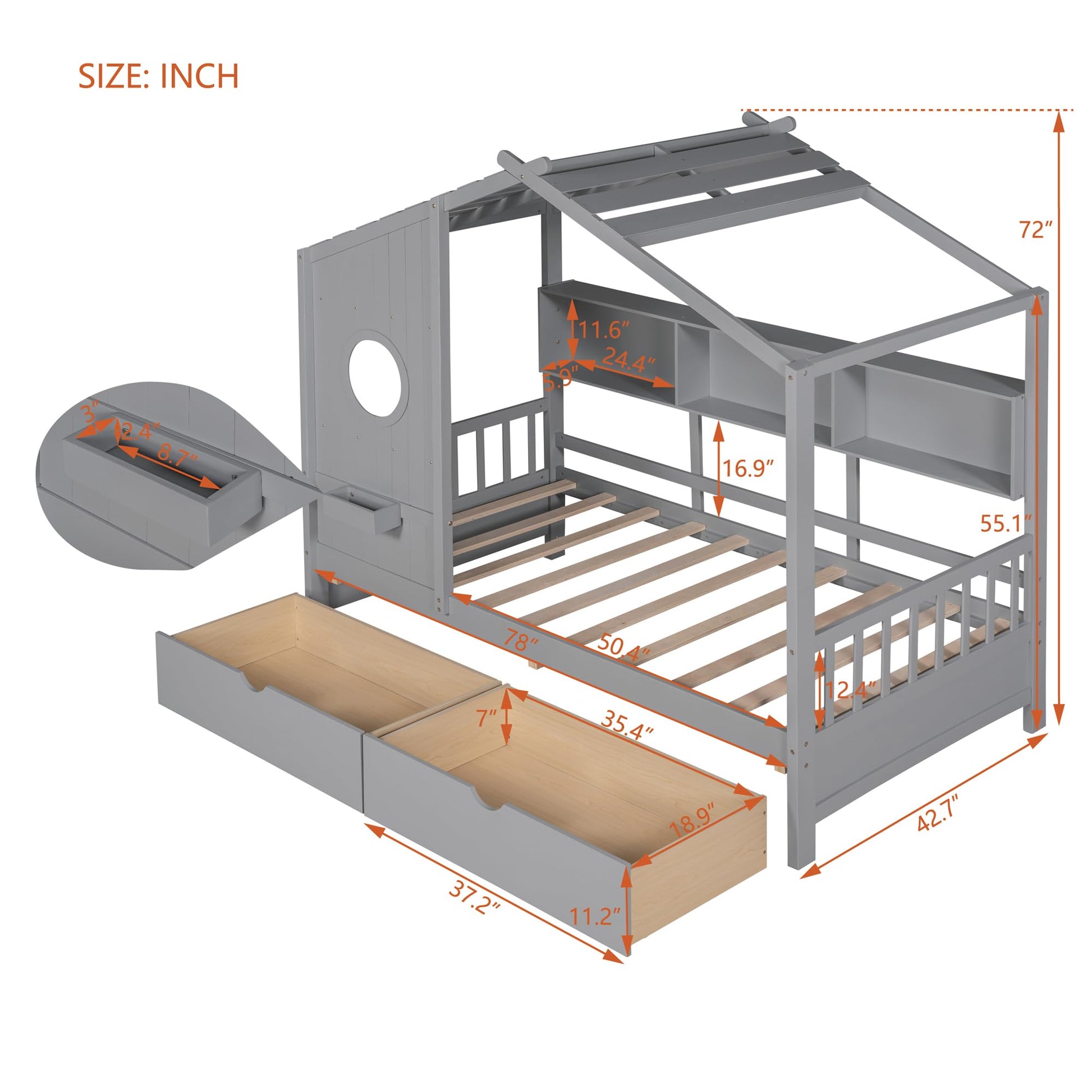 Bellemave Twin Size Kids House Bed Frame with Storage Drawers and Shelves - Gray - WoodArtSupply