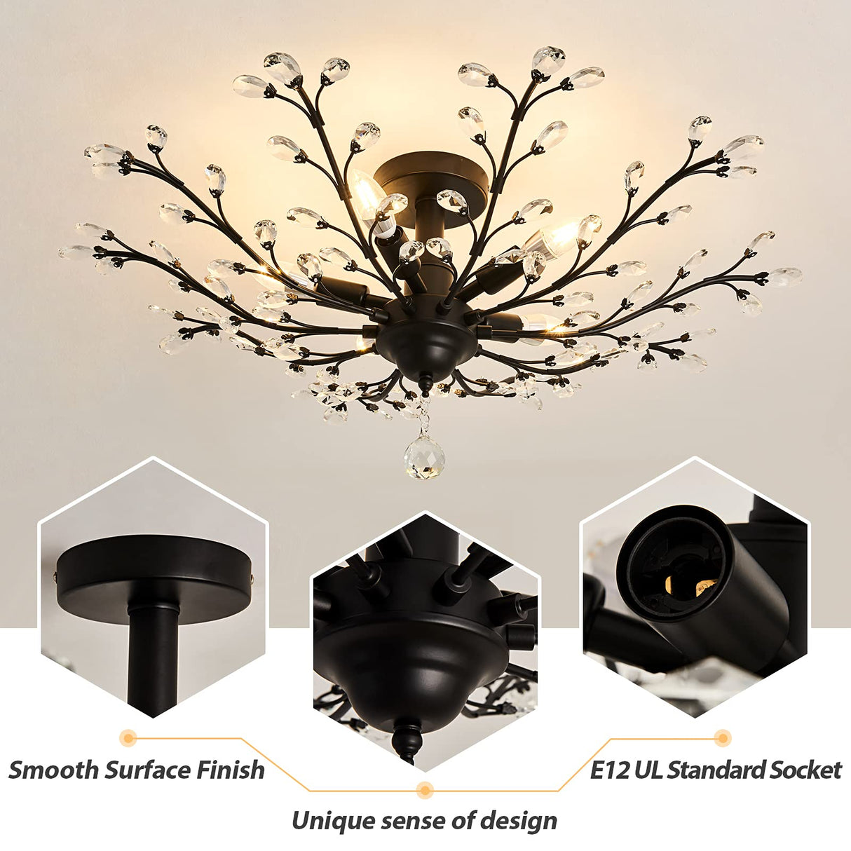 CVKASH 5 - Light Vintage Small Crystal Chandelier Modern Semi Flush Mount Ceiling Light Fixture Chandelier Lighting for Kitchen Bedroom Living Room Dining Room Hallway Foyer（Black） CVKASH