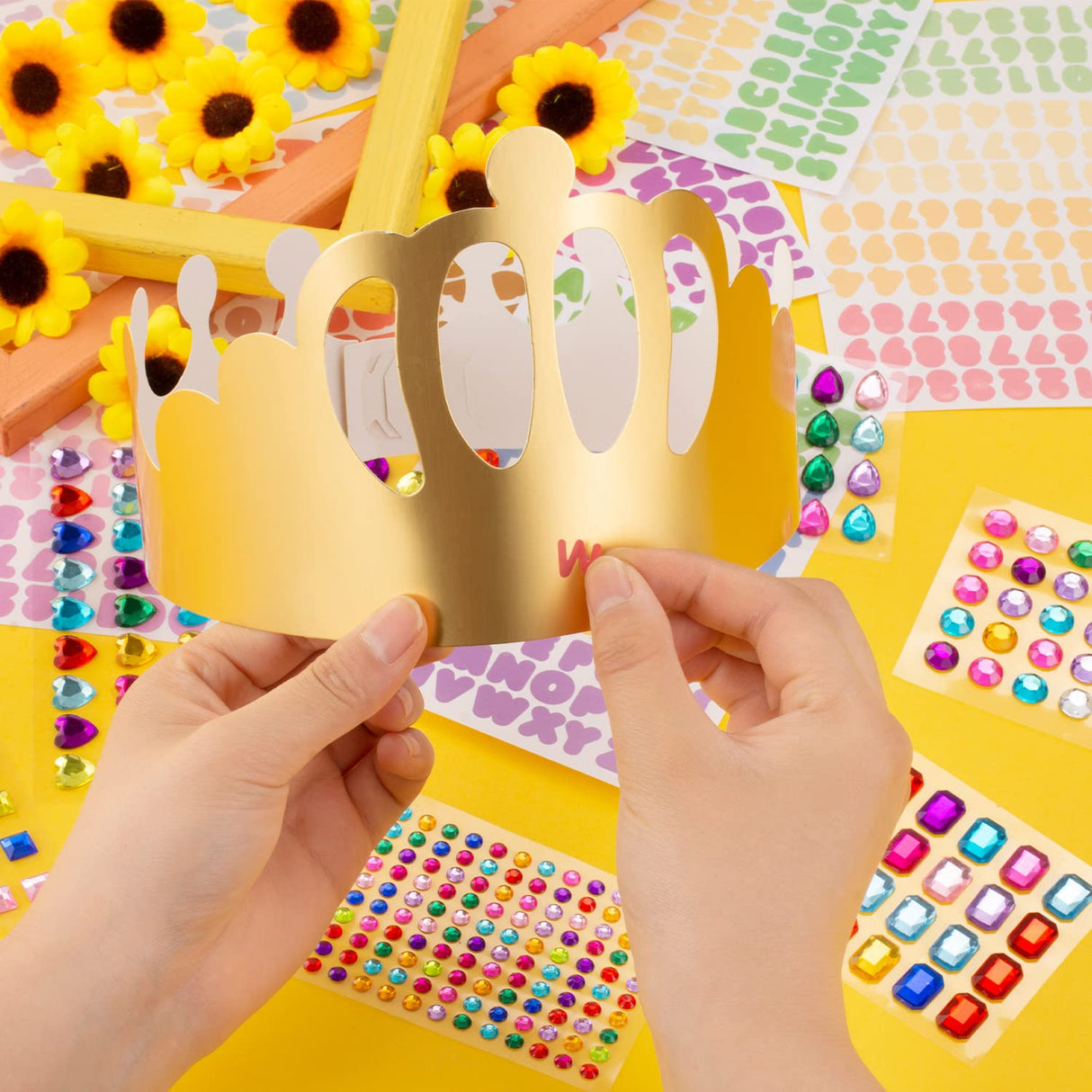 MGZTTHW Gold Paper Crown Set for Kids, DIY Crown Kit with Jewels Gem Number Letter Stickers for Birthday Party Decor and Craft Projects, 15 Pcs Adjustable Crown Hats in 5 Styles MGZTTHW