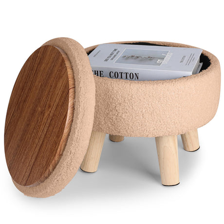 Ashroder Storage Ottoman,Round Pouf Footrest with Storage,Teddy Velvet Foot Stool with Wood Legs, Accent Foot Rest for Chair, Soft Sponge Footstool for Living Room, Bedroom(Off-White) Ashroder