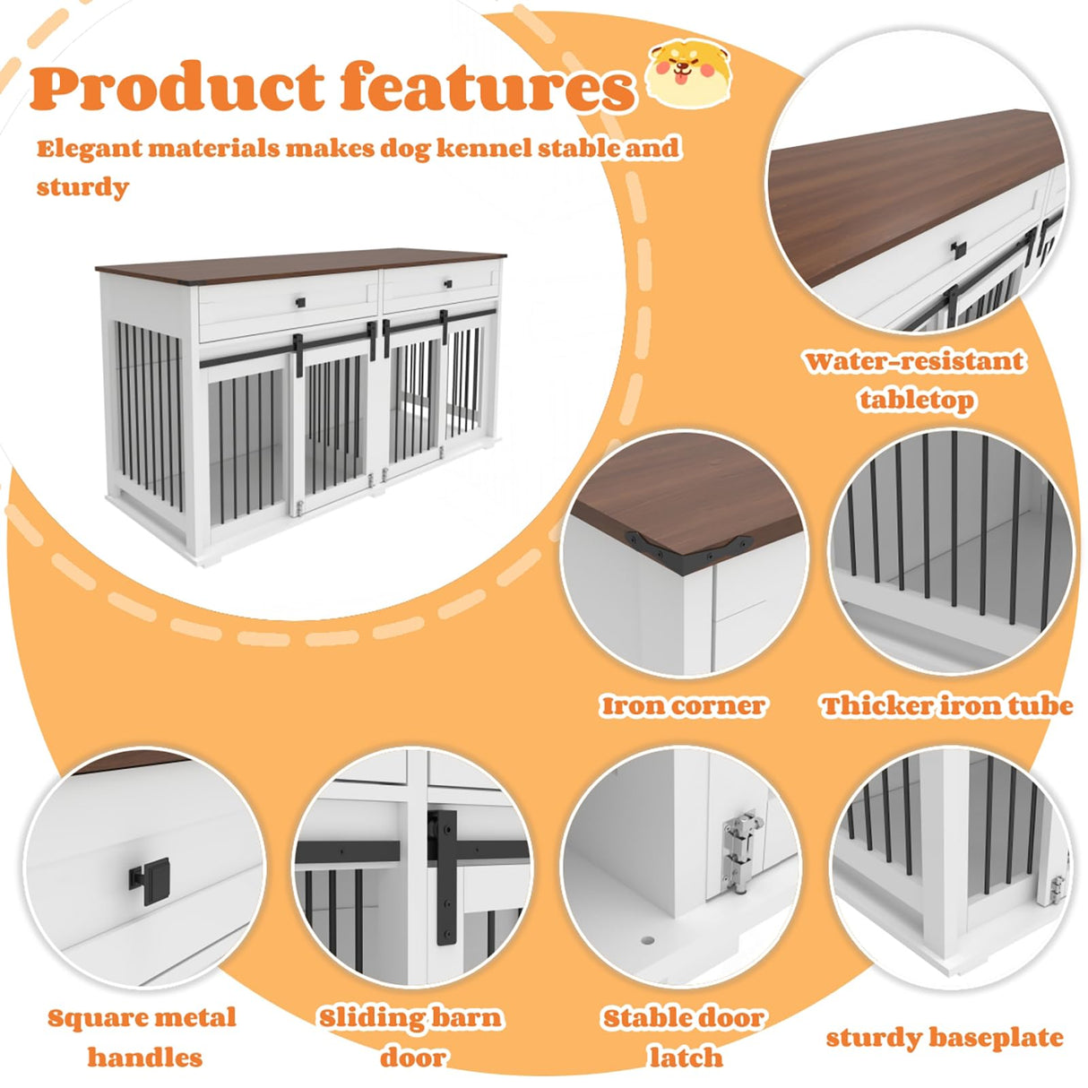 63'' Dog Crate Furniture for 2 Dogs, Wooden Dog Crate Table Furniture with 2 Storage Drawers, Indoor Dog Kennel with Divider and Double Sliding Doors, Large Pet House, White Cage Natural Wood Tabletop Kurhwyss