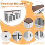 63'' Dog Crate Furniture for 2 Dogs, Wooden Dog Crate Table Furniture with 2 Storage Drawers, Indoor Dog Kennel with Divider and Double Sliding Doors, Large Pet House, White Cage Natural Wood Tabletop Kurhwyss