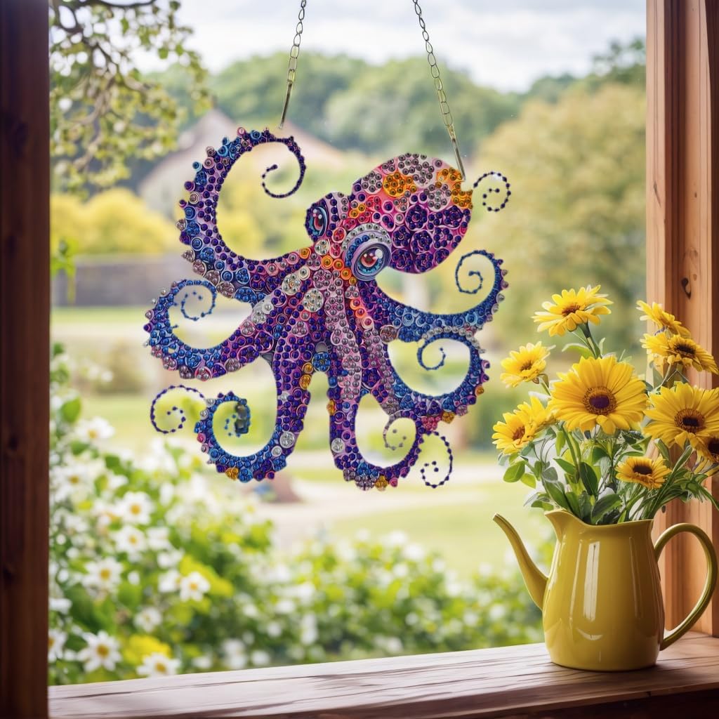 Celegoods Octopus Diamond Art Hanging Kits for Adults Beginners, Rhinestone Beads Acrylic Hanging Pendant Diamond Painting Dots Art Small Kits Hanging Decor, DIY Craft for Home Garden Decor Celegoods