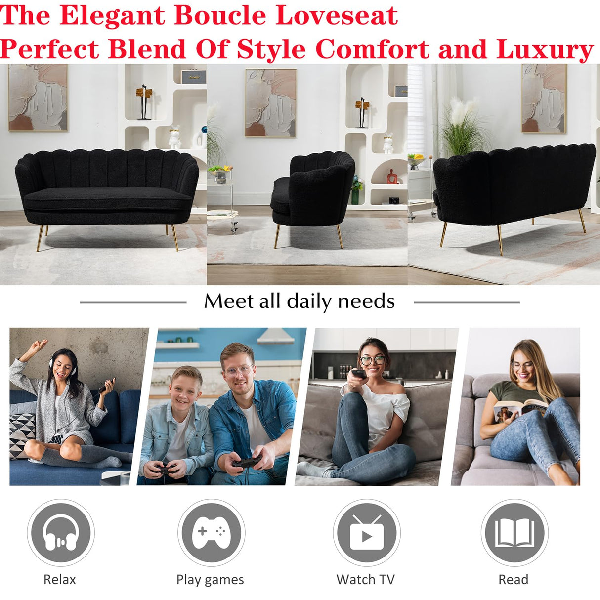 Black Modern Boucle Loveseat Couch,Futon Small Sofa with Gold Metal Legs ,2-Seater Upholstered Mini Sofa Couches for Small Space,Living Room Bedroom Office Dorm Studio Apartment Couche(Black) Gustonhon