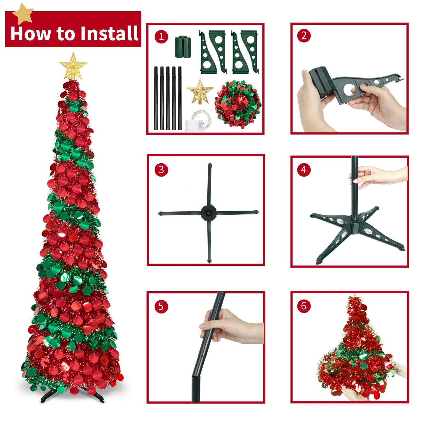 5 Ft Pop Up Christmas Tree with Lights, Pencil Tinsel Collapsible Christmas Tree with 50 Warm Light & Tree Topper for Christmas Decoration Courtyard Home Party Decor Indoor Outdoor (Red Green)