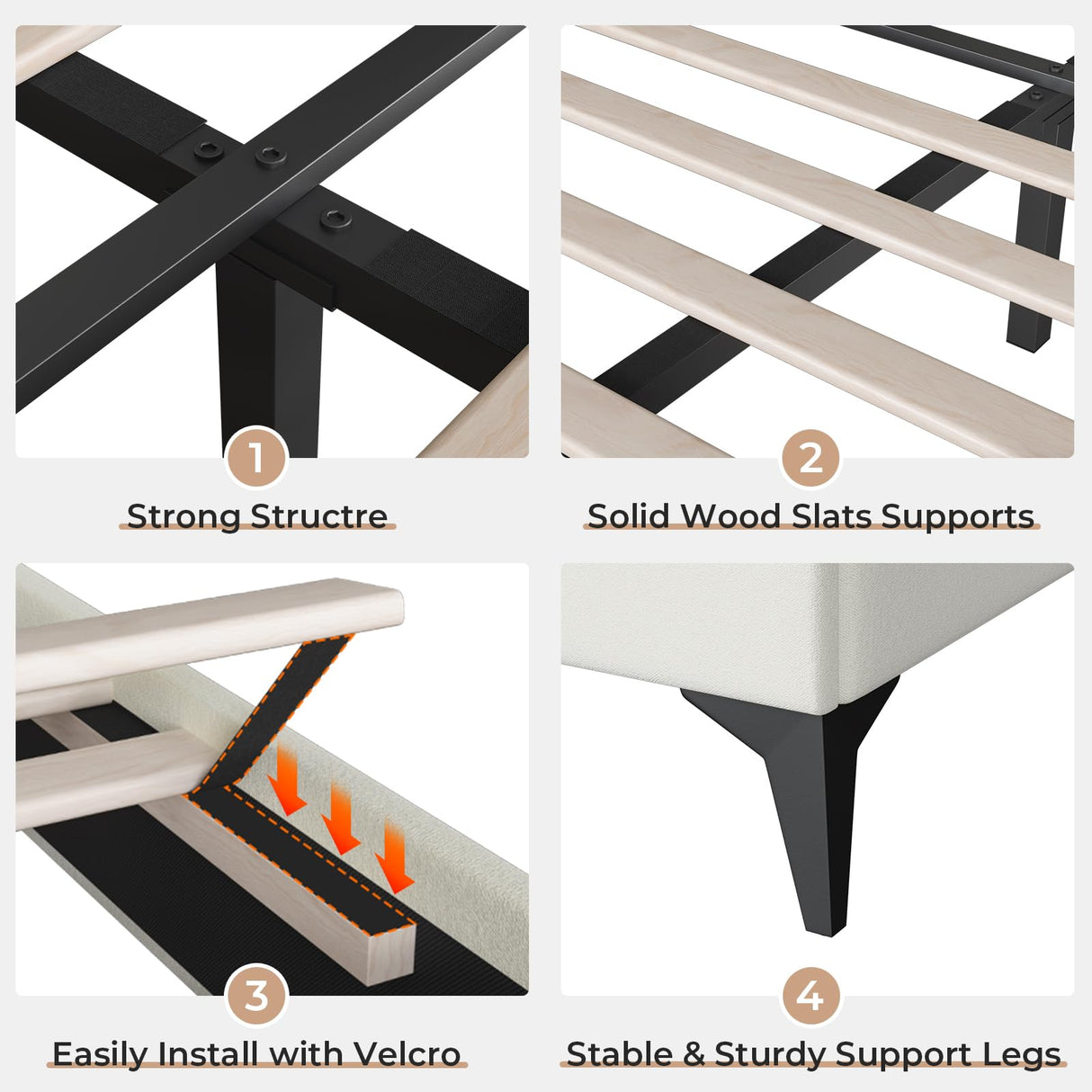 BTHFST Beige Princess Upholstered Bed Frame with LED Lights and Adjustable Headboard BTHFST