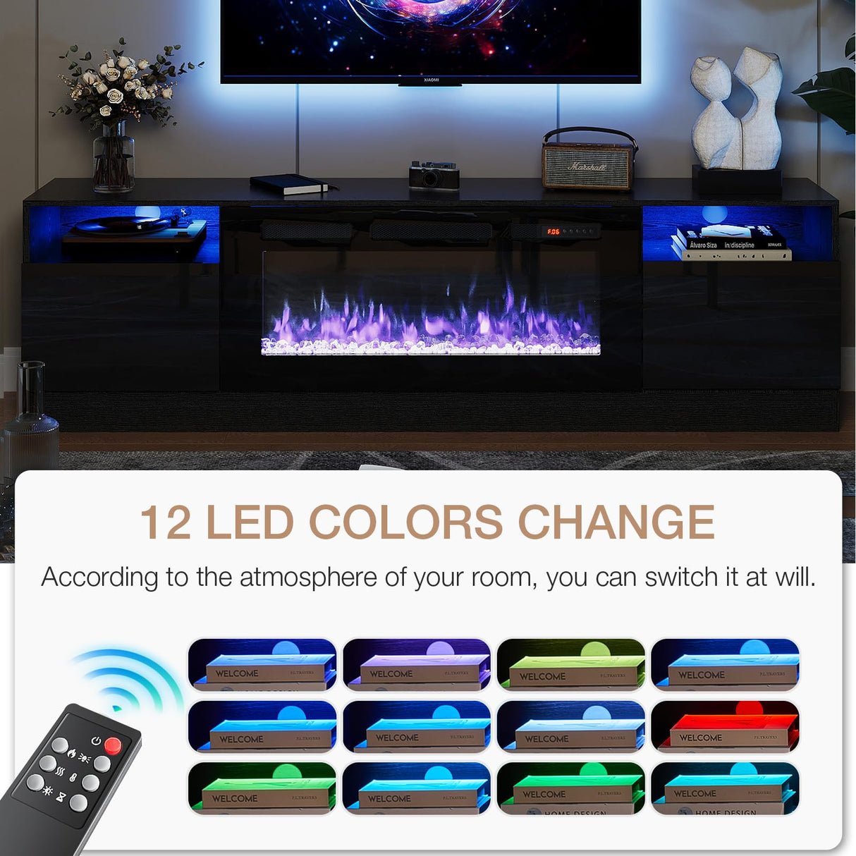 oneinmil Fireplace TV Stand with 36" Electric Fireplace, LED Light Entertainment Center, Modern Wood Texture Entertainment Stand with Highlight Storage Cabinet for TVs Up to 80", 70 inches, Black oneinmil