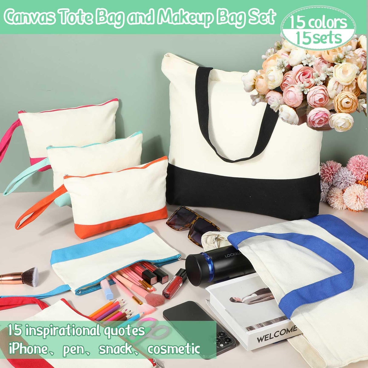 Sanwuta 30 Pcs Canvas Tote Bags Bulk with Zipper Cosmetic Bags 18.5 Cotton Canvas Bag with Handles Reusable Shopping Bags(Colorful) Sanwuta