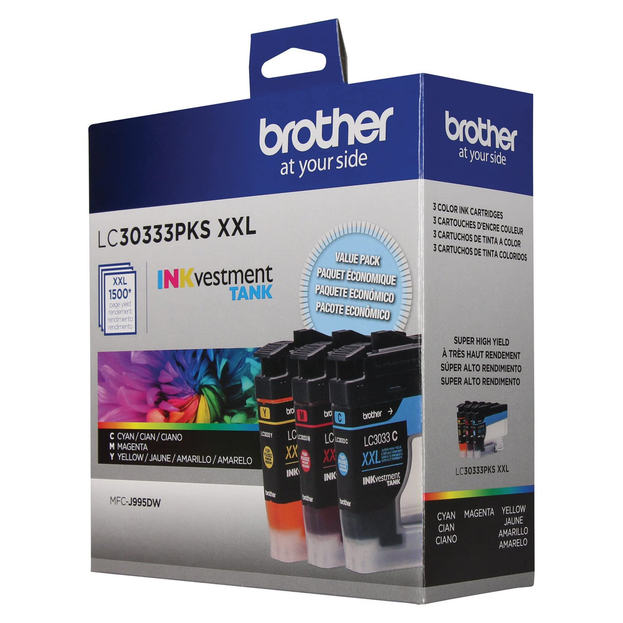 Brother Genuine LC30333PKS 3-Pack, Super High-yield Color INKvestment Tank Ink Cartridges; Includes 1 Cartridge each of Cyan, Magenta & Yellow, Page Yield Up to 1,500 Pages/Cartridge, LC3033 Brother