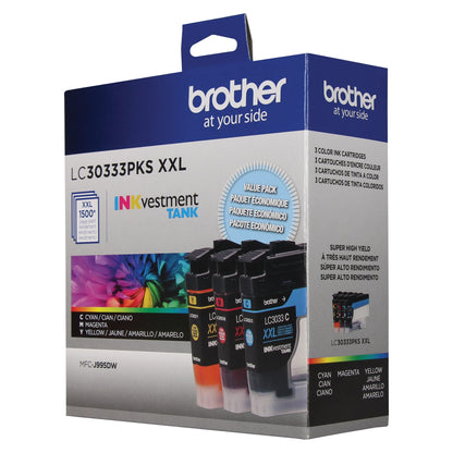 Brother Genuine LC30333PKS 3-Pack, Super High-yield Color INKvestment Tank Ink Cartridges; Includes 1 Cartridge each of Cyan, Magenta & Yellow, Page Yield Up to 1,500 Pages/Cartridge, LC3033