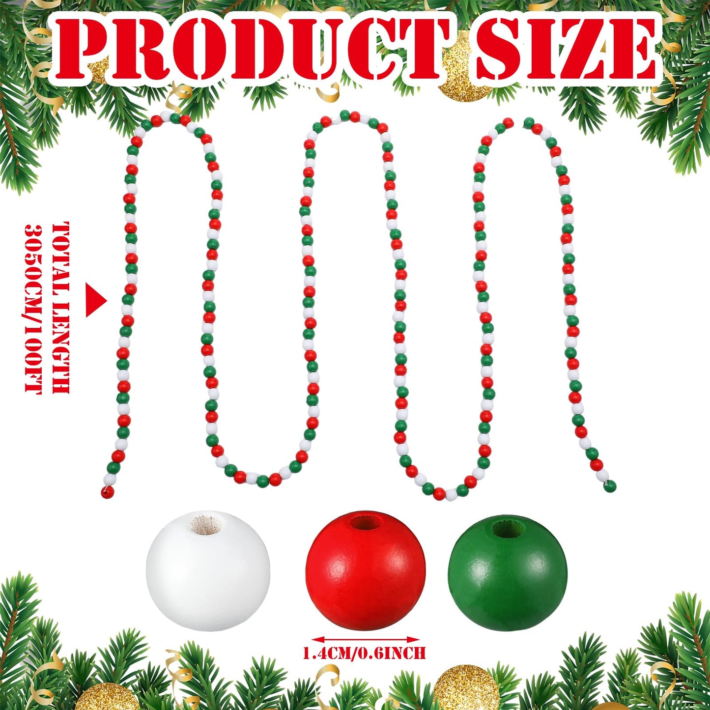 Frienda 100 Feet Christmas Wooden Bead Garland Decorations Wood Beaded Christmas Tree Decorations Farmhouse Decorative Beads Rustic Beaded Garland for Party Holiday Decor Home (Red, White, Green)