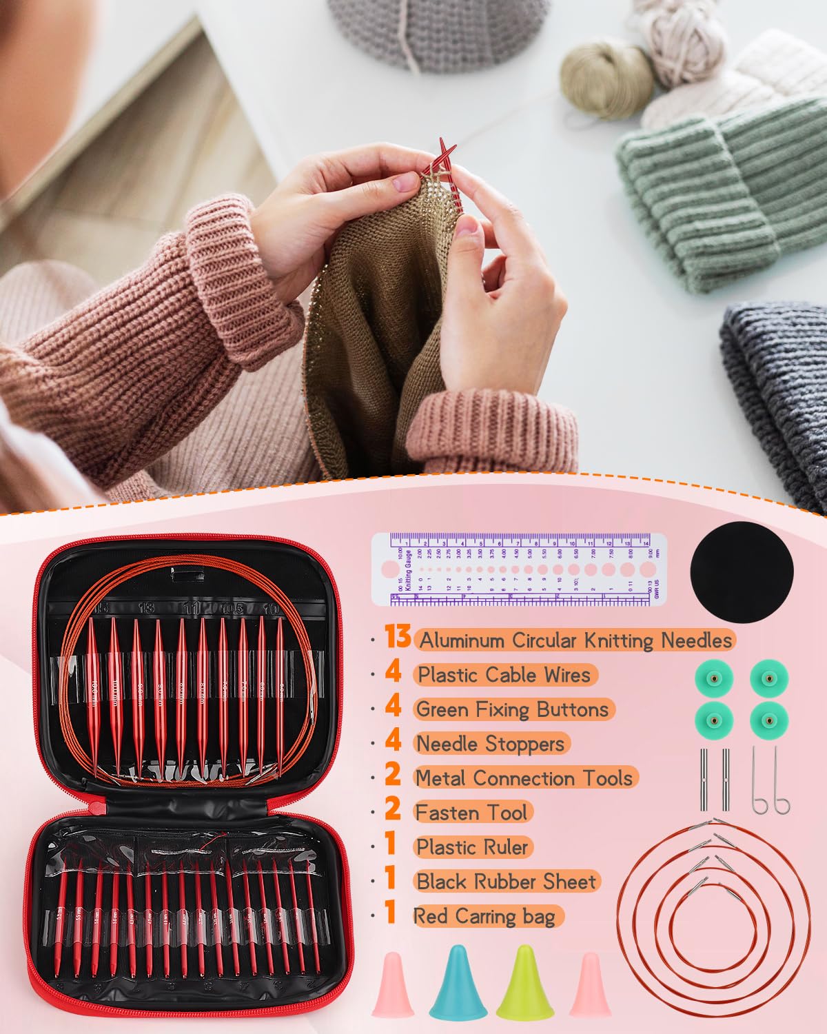 Interchangeable Knitting Needle Set with Circular Cable for Crafters, 13 Circular Knitting Needles with 4 Cable, 3-10 mm Aluminum Knitting Needles for Beginner, DIY Crafts, Red Needle Set Aeelike