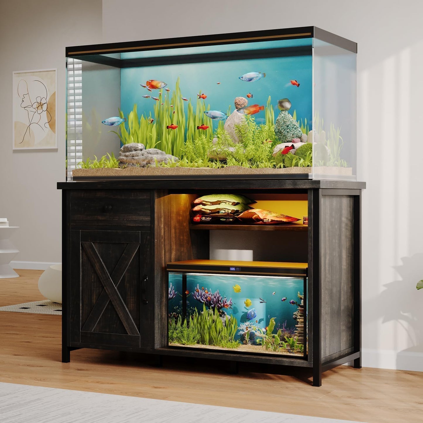 4ever2buy 55-75 Gallon Aquarium Stand with Power Outlets & LED Light, Metal Frame Fish Tank Stand with Drawer & Barn Door, Turtle Reptile Terrariums Stand with Fish Tank Accessories Storage, Dark Oak