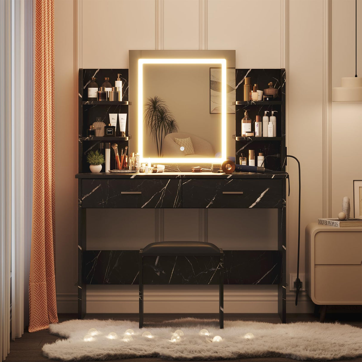 Vanity Desk with Lighted Mirror, Makeup Vanity Set with Power Outlet, Cushioned Stool, Vanity Table with 6 Storage Shelves, 2 Large Drawers and 3 Color Light Adjustable Brightness, Marble Black Patikuin