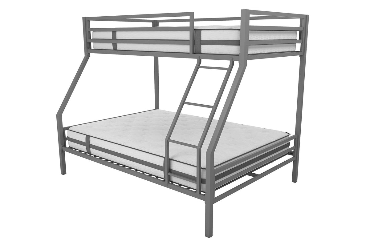Novogratz Maxwell Metal Bunk Bed Frame for Kids and Teens, with Angled Ladder, High Guardrail and Metal Slats, No Boxspring Required, Underbed Storage Space, Twin-Over-Full, Gray Novogratz