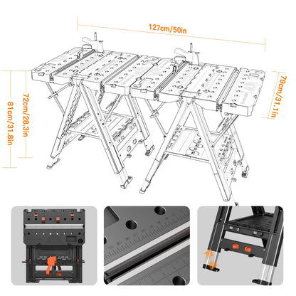 LARBANKE Combined Portable Folding Work Table,2-in-1 Sawhorse & Workbench,Waterproof Workbench with Extra Load Capacity with 8 Woodworking Clamps,8 Connecting Blocks,4 Limit Blocks - WoodArtSupply