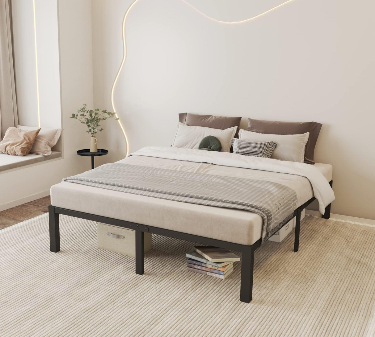 ROIL 14-Inch Heavy Duty Queen Size Bed Frame with Wooden Slats - No Box Spring Required, Noise-Free Design, and Mattress Stoppers ROIL