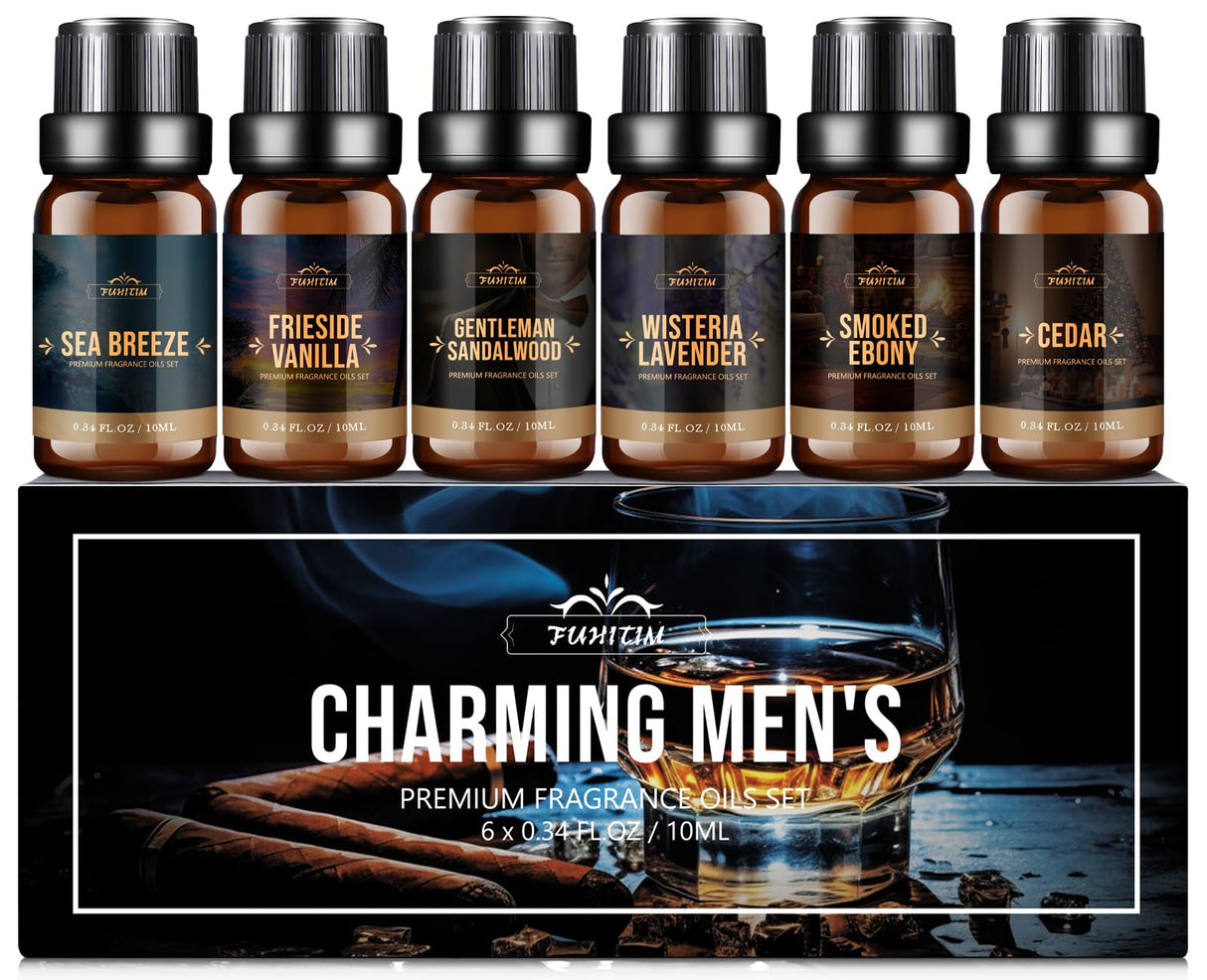 FUHITIM Fragrance Oil, Charming Men's Set Diffuser Oil for Home, Soap & Candle Making Scents, Aromatherapy Essential Oils -Sea Breeze, Fireside Vanilla, Cedar and More(6 * 10ML) FUHITIM