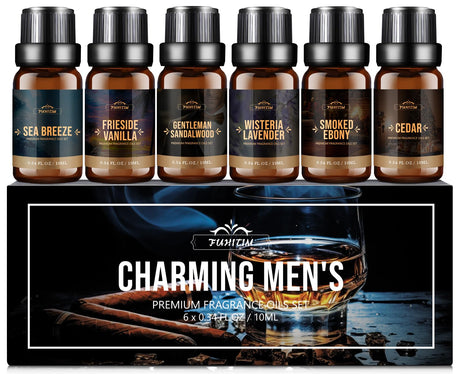 FUHITIM Fragrance Oil, Charming Men's Set Diffuser Oil for Home, Soap & Candle Making Scents, Aromatherapy Essential Oils -Sea Breeze, Fireside Vanilla, Cedar and More(6 * 10ML) FUHITIM