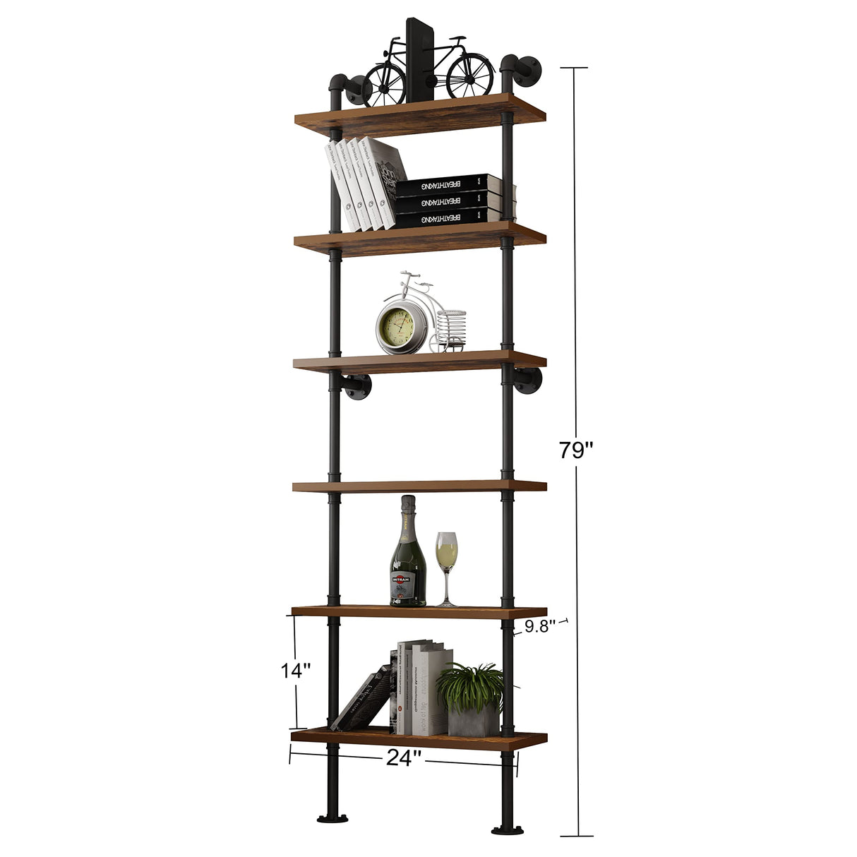 HOMEKAYT Industrial Pipe Shelf Rustic Wood Wall Shelf Ladder Bookshelf Wall Mounted Storage Decor Shelf for Home, Office, Living Room(6-Tier)-Black HOMEKAYT