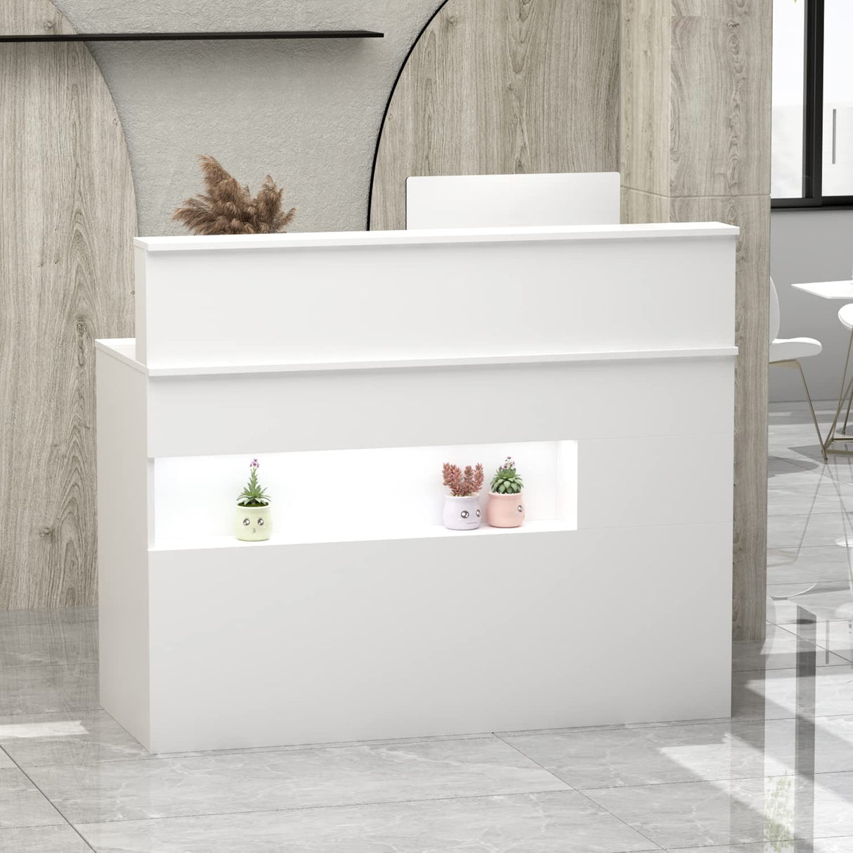 ECACAD Reception Desk with Light, Display Shelf & Lockable Drawers, Office Desk Reception Counter Table with Keyboard Tray and Door, White (47.2”W x 19.7”D x 39.2”H) ECACAD