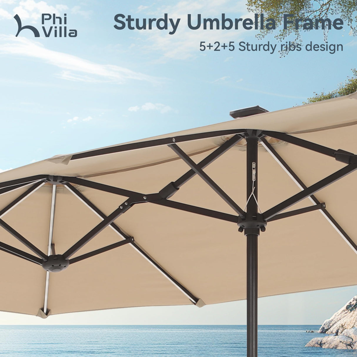 PHI VILLA 13ft Large Patio Umbrella with Solar Lights, Double-Sided Outdoor Market Rectangle Umbrella with 120 PCS LED Lights, Beige (No Base) PHI VILLA