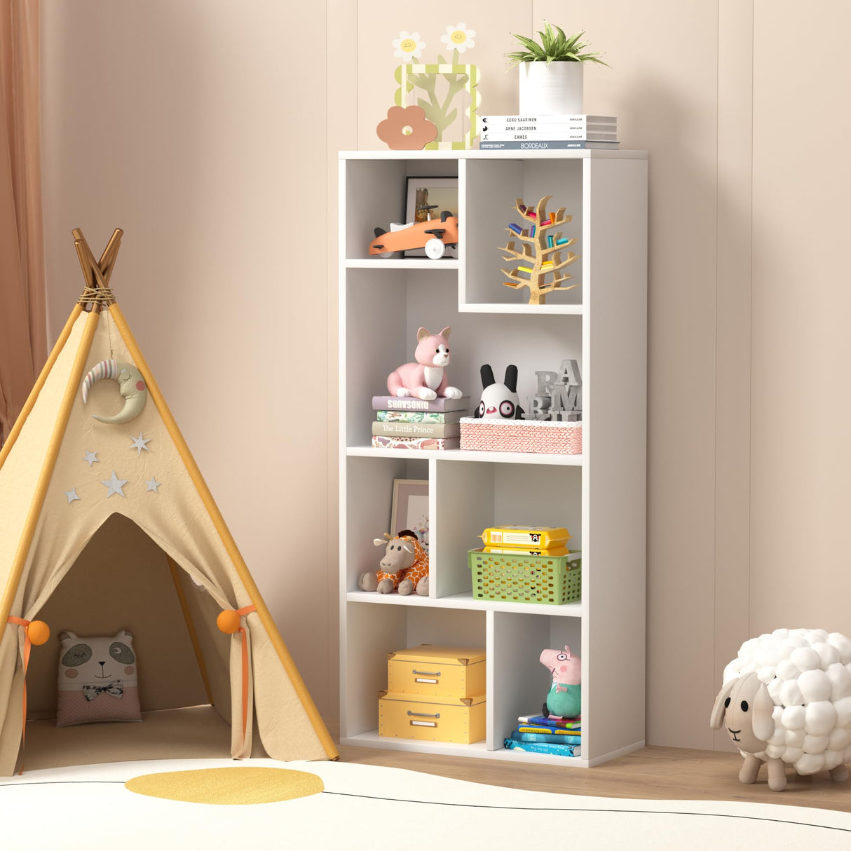 VECELO 42" Modern White Bookshelf, 7 Cube Organizer Bookcase,Fits Tallest Hardcovers, Horizontal Available,Floor Standing Display,Easy Assembly, Pearl White VECELO