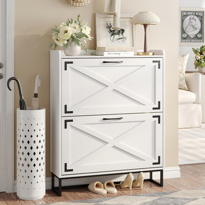 Maupvit Shoe Storage Cabinet with 2 Flip Drawers, Freestanding Organizer with Metal Legs for Entryway, Narrow Shoe Rack Cabinet, Black White