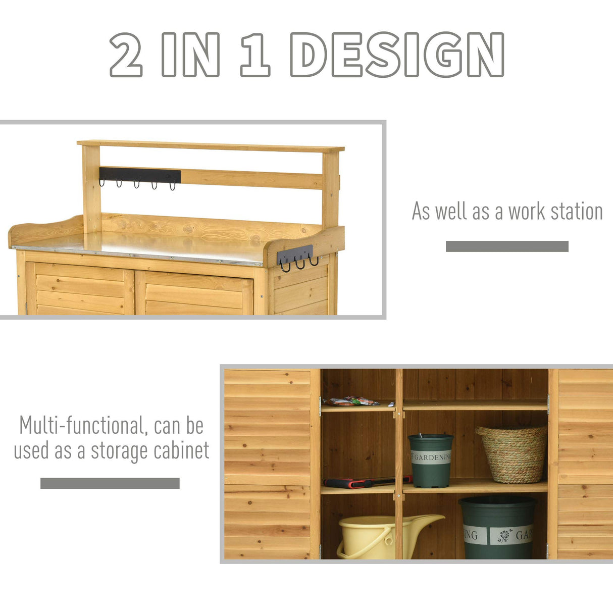 Outsunny Garden Potting Bench Table Wooden Workstation Shed with Tabletop, Hooks, 3-Tier Shelves Cabinet and 2 Magnetic Close Doors Outsunny