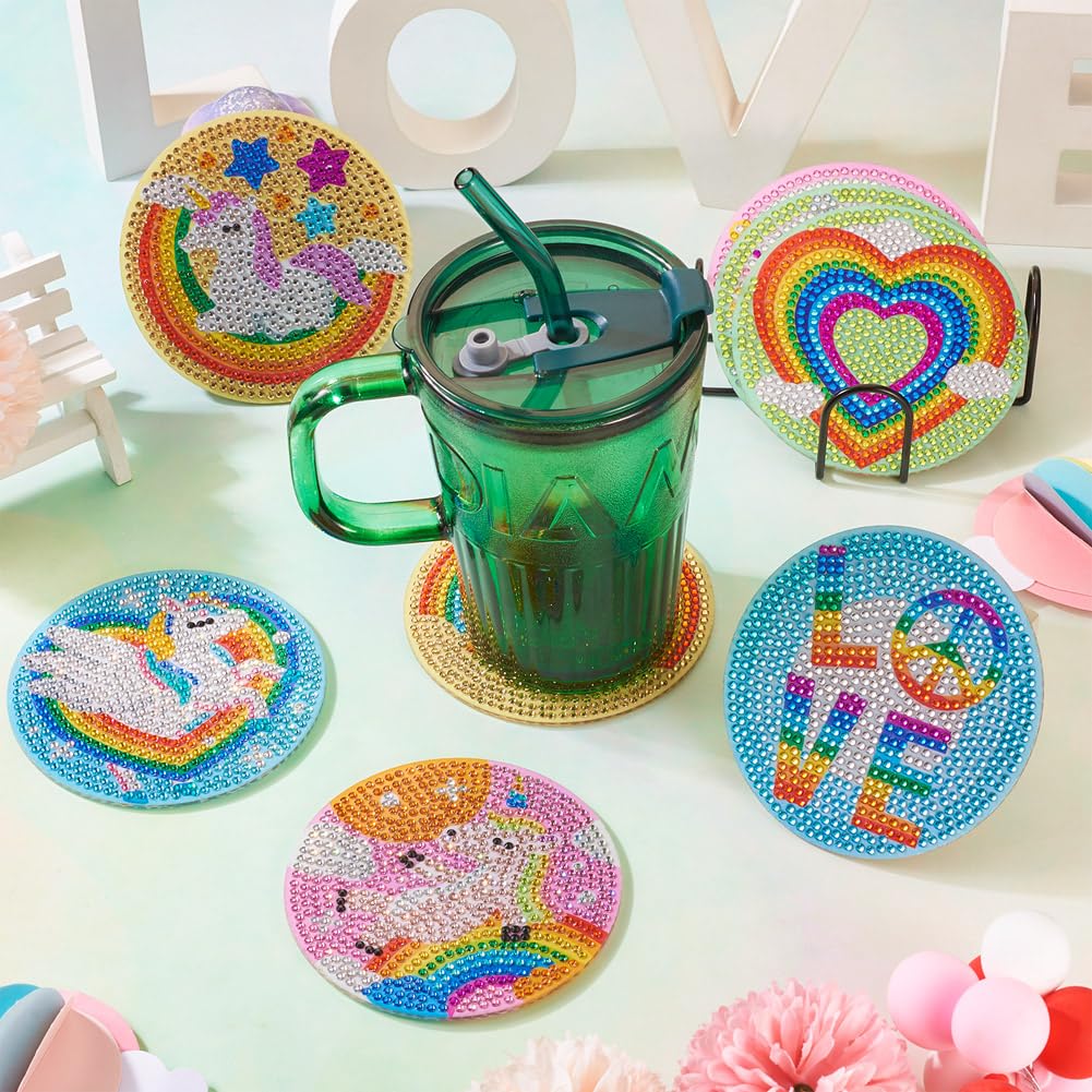FASHEWELRY 8pcs Rainbow Diamond Painting Coaster Kit Diamond Art Crafts LGBT Pride Diamond Dot Coasters for Beginners, Adults FASHEWELRY