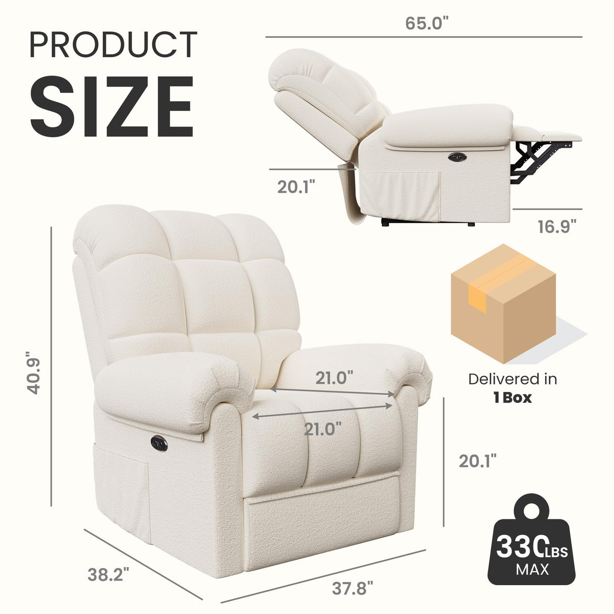Welzona Adjustable Power Recliner Chair, Soft Teddy Electric Recliner Chair, Power Recliners with USB Port, Eco-Certified Small Recliners for Small Spaces Sofa Reclinable, Beige Welzona