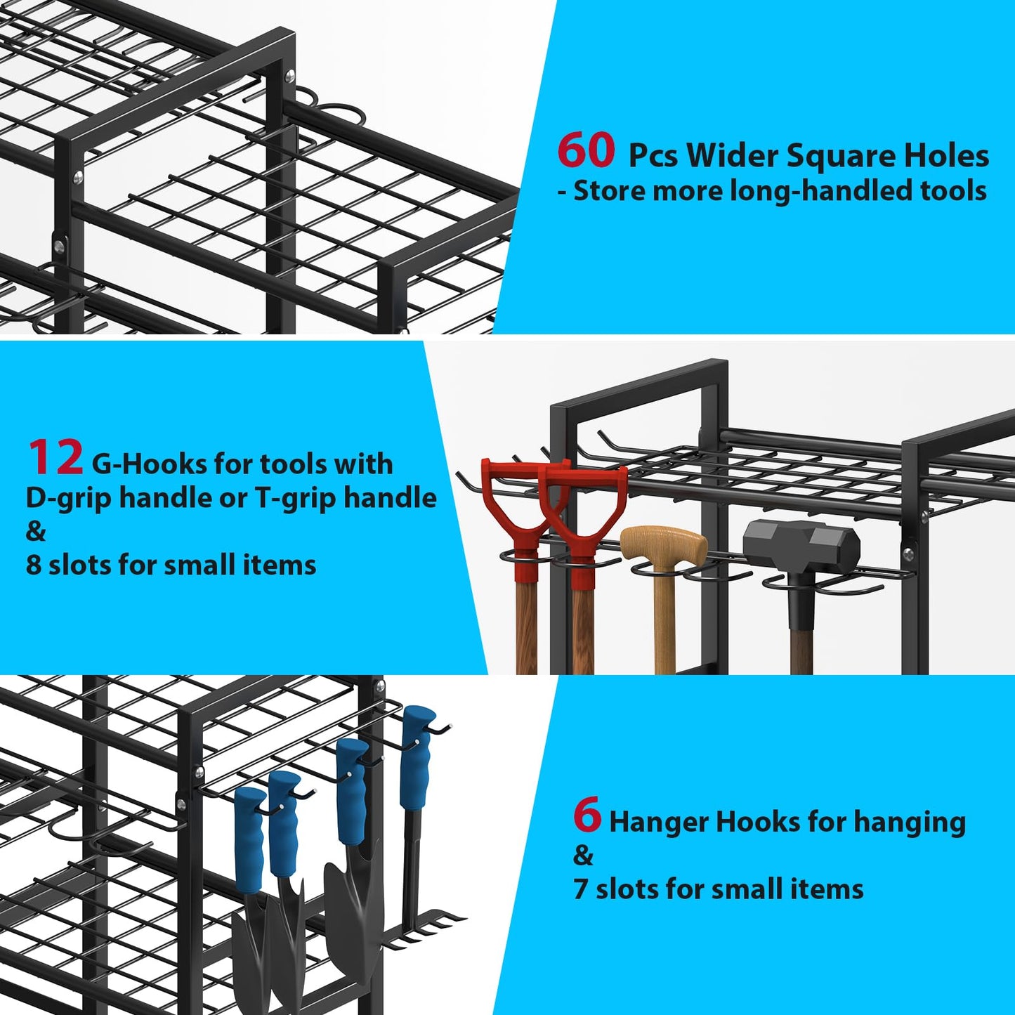 NADAMOO Large Garden Tool Organizer with Rolling Wheel, Metal Shelf Yard Tool Holder, 3-tier Utility Stand Rack for Garage Organization and Storage, Hold Long-Handled Rakes, Shovel, Broom