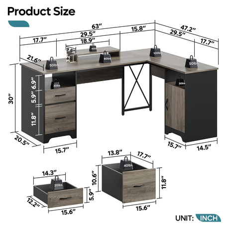 Bestier L Shaped Desk with File Drawers, 63" x 47" Office Computer Desk with Storage Cabinet, Corner Desk with Monitor Stand & Modesty Panel for Home Office, Dark Gray Bestier