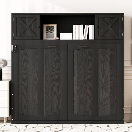 Full Horizontal Murphy Bed with Storage Cabinets,Solid Wood Farmhouse Hideaway Folding Farmhouse Murphy Wall Bed Cabinet with Storage Shelf for Adults MERITLINE