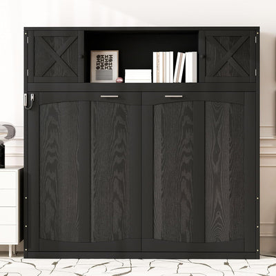 Full Horizontal Murphy Bed with Storage Cabinets,Solid Wood Farmhouse Hideaway Folding Farmhouse Murphy Wall Bed Cabinet with Storage Shelf for Adults