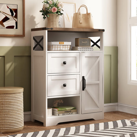 Fameill White Farmhouse Storage Cabinet with 2 Drawers & Shelves,Freestanding Storage Cabinet with Doors & Open Storage,Floor Storage Cabinet for Living Room,Bathroom,Kitchen,Laundry Fameill