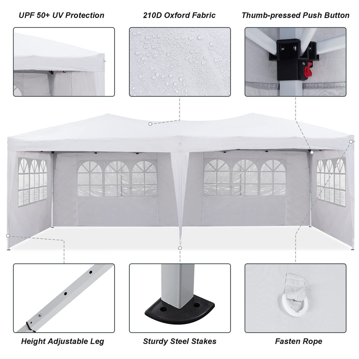 TUKAILAI 10' x 20' Pop Up Gazebo Marquee, Anti-UV Party Wedding Tent Event Shelters with 6 Removable Sidewalls & Carry Bag, Heavy Duty Instant Canopy for Outdoor Camping Garden Patio (White) TUKAILAi