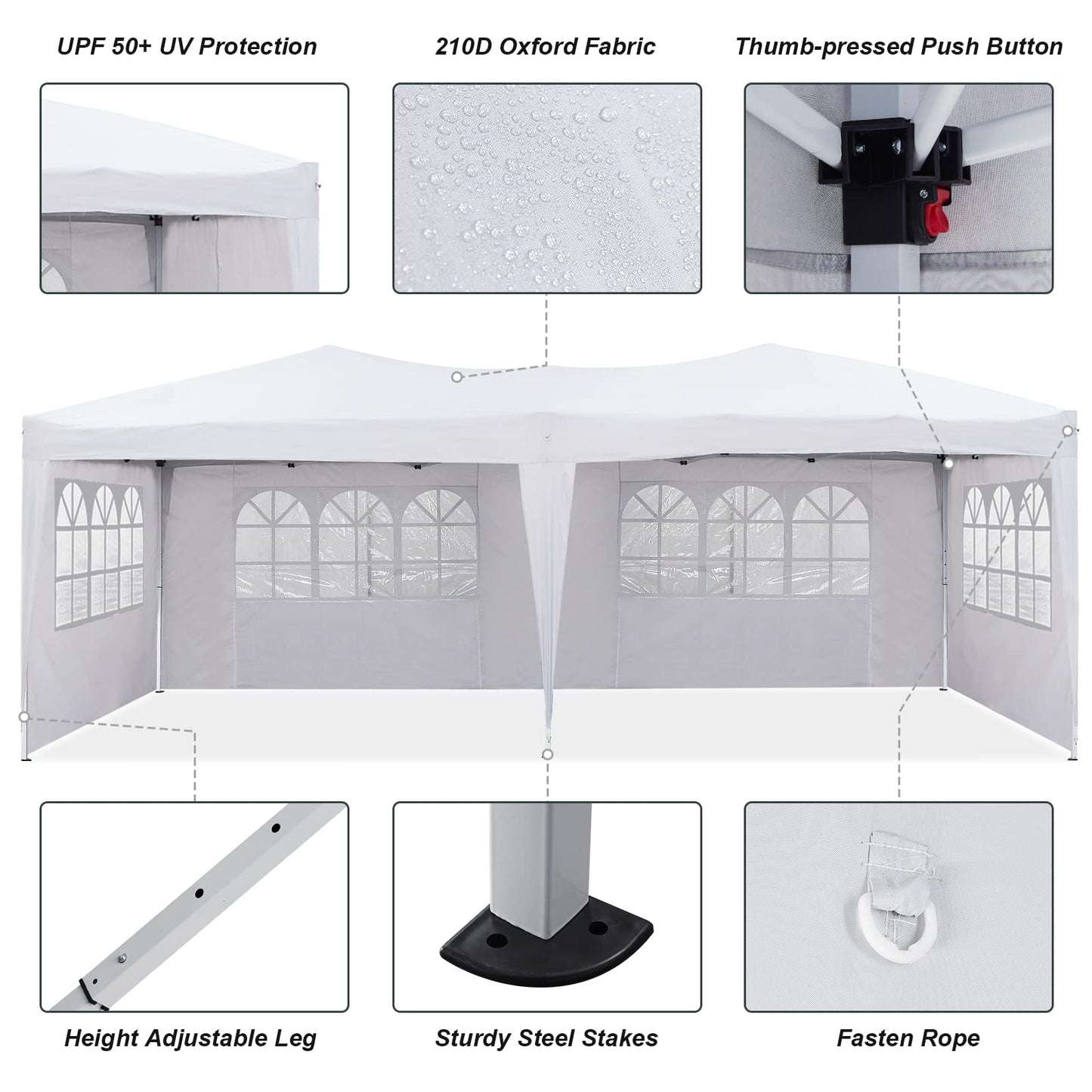 TUKAILAI 10' x 20' Pop Up Gazebo Marquee, Anti-UV Party Wedding Tent Event Shelters with 6 Removable Sidewalls & Carry Bag, Heavy Duty Instant Canopy for Outdoor Camping Garden Patio (White) - WoodArtSupply