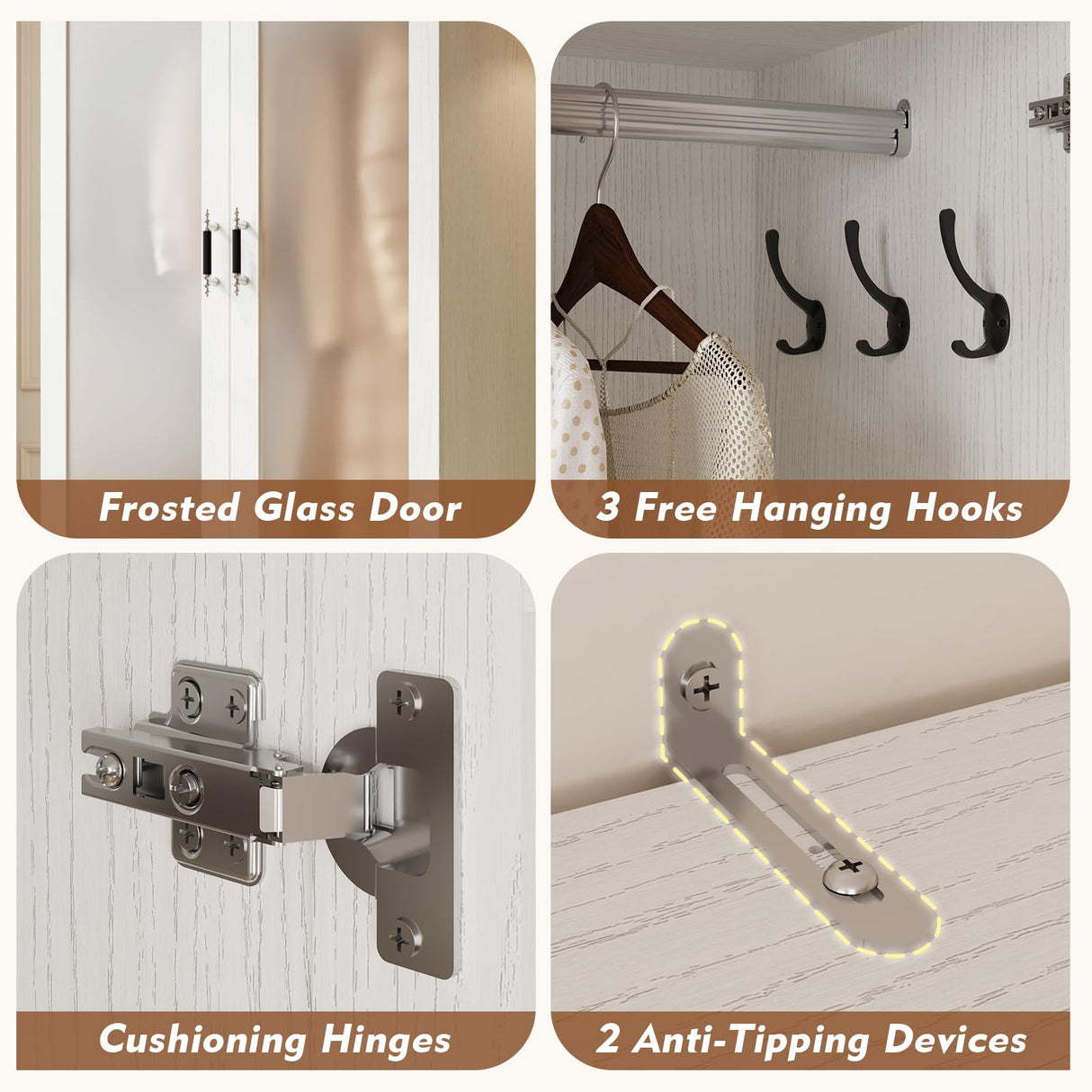 MEISSALIVVE 2 Door Wardrobe Cabinet with Hanging Rod & 2 Drawers, 70.9''H Armoire Wardrobe Closet with Frosted Glass, Wardrobe Clothes Storage Closet Cabinet for Bedroom, Wood Grain MEISSALIVVE