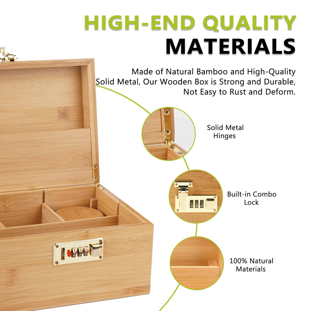 OZCHIN Large Bamboo Box with Combination Lock Decorative box for Home Great Gift Choice Stash Storage Lockbox with Storage Jar, Tray, Resealable Bags and More (Brown) OZCHIN