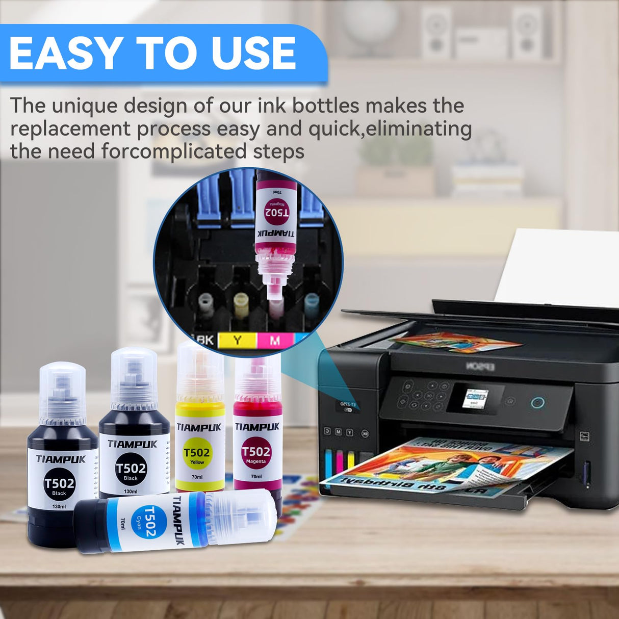 Tiampuk 5 Pack T502 502 Ink Refill Bottles for Ecotank ET-4850 ET-4760 ET2750 ET-3760 ST-4000 ET-15000 ET-2850 ST-2000 ET-3710 ET-3850 ET-3750 ET-3830 ET4750 ET3700 ST3000 ET2700 ET2760 Printer Tiampuk