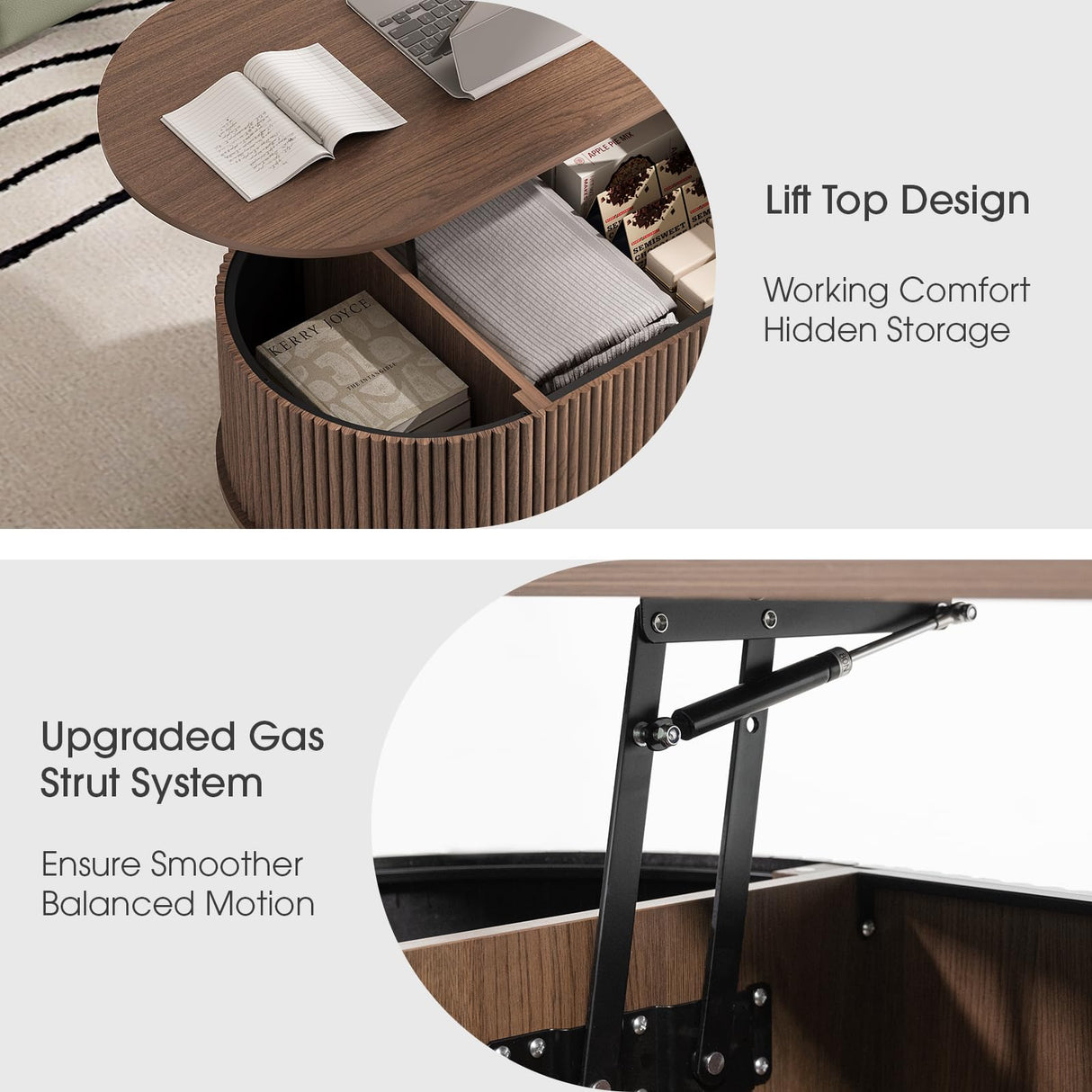 JOINICE 42.5" Oval Lift Top Coffee Table with Storage, Mid Century Modern Walnut Center Table with Fluted Design, Solid Wood Legs & Hidden Compartment, Pop Up Cocktail Table for Living Room JOINICE