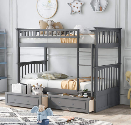 Harper & Bright Convertible Wood Twin-Over-Twin Bunk Bed with Storage Drawers and Ladder - Can Be Divided Into Two Daybeds (Grey) Harper & Bright Designs