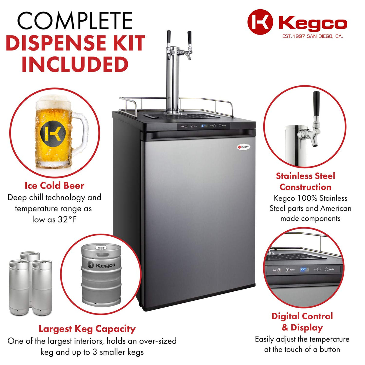 Kegco Kegerator, Dual Tap, Stainless Steel Kegco