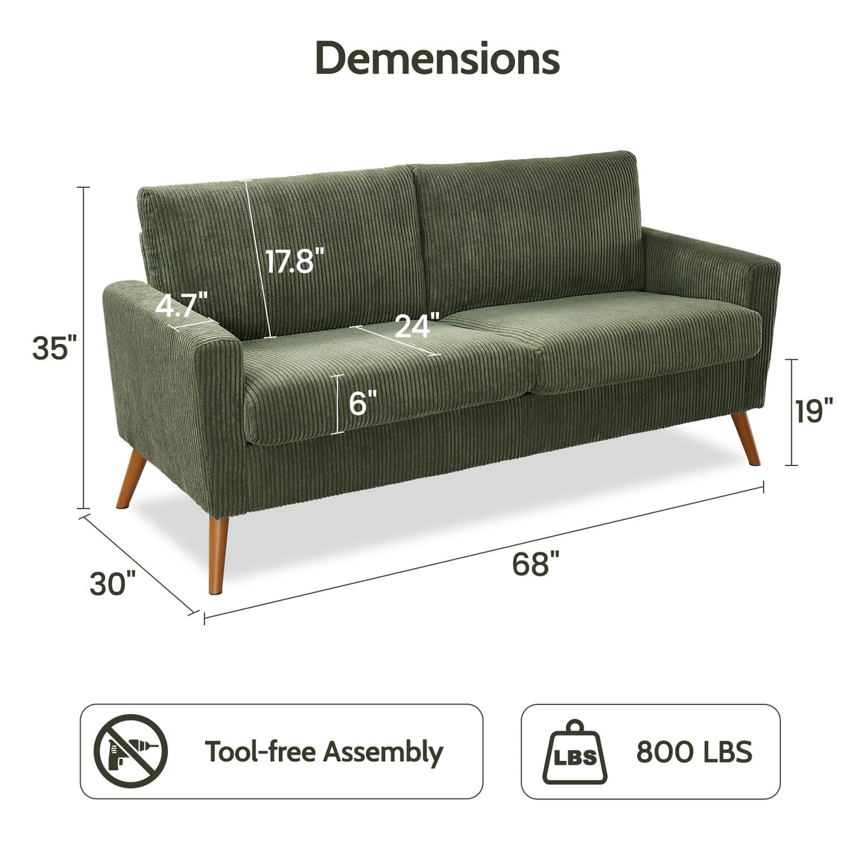 WEUP 68" Loveseat Sofa Green Corduroy Couch, Mid Century Modern Love Seat Couches for Living Room, Small Loveseat for Bedroom Office, Comfy Sofa with Spring Cushion, Solid Wood, Tool-Free Assembly WEUP
