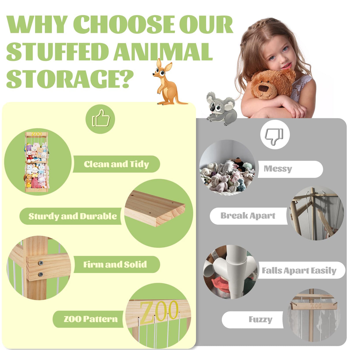 Trycooling Stuffed Animal Zoo Stuffed Animal Storage Wood Plushie Storage Stuffed Animals Zoo Storage Cage with Zoo Pattern Elastic Band for Nursery Play Room Bedroom (Wood) Trycooling