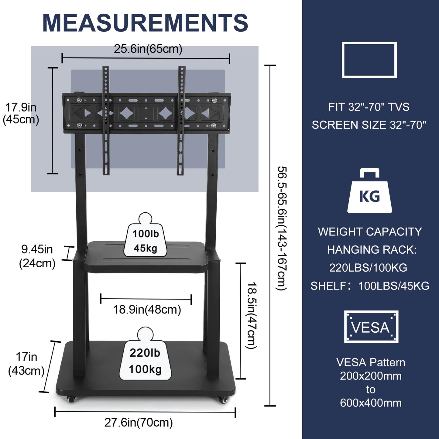 Maiproo Rolling TV Stand with Wheels for 32-75 Inch Heavy-Duty Mobile TV Cart LCD LED OLED Flat Panel Screens Smartboard Holds up to 100lbs Portable TV Stand on Wheels with Shelf Height Ajustable