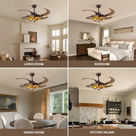 CROSSIO 48" Tiffany Ceiling Fan with Light Colorful Fandelier Vintage Chandelier Fan 48 Inch Stained Glass Ceiling Fan Retractable Blades Vintage Fandelier with Tiffany Light for Bedroom Living Room CROSSIO