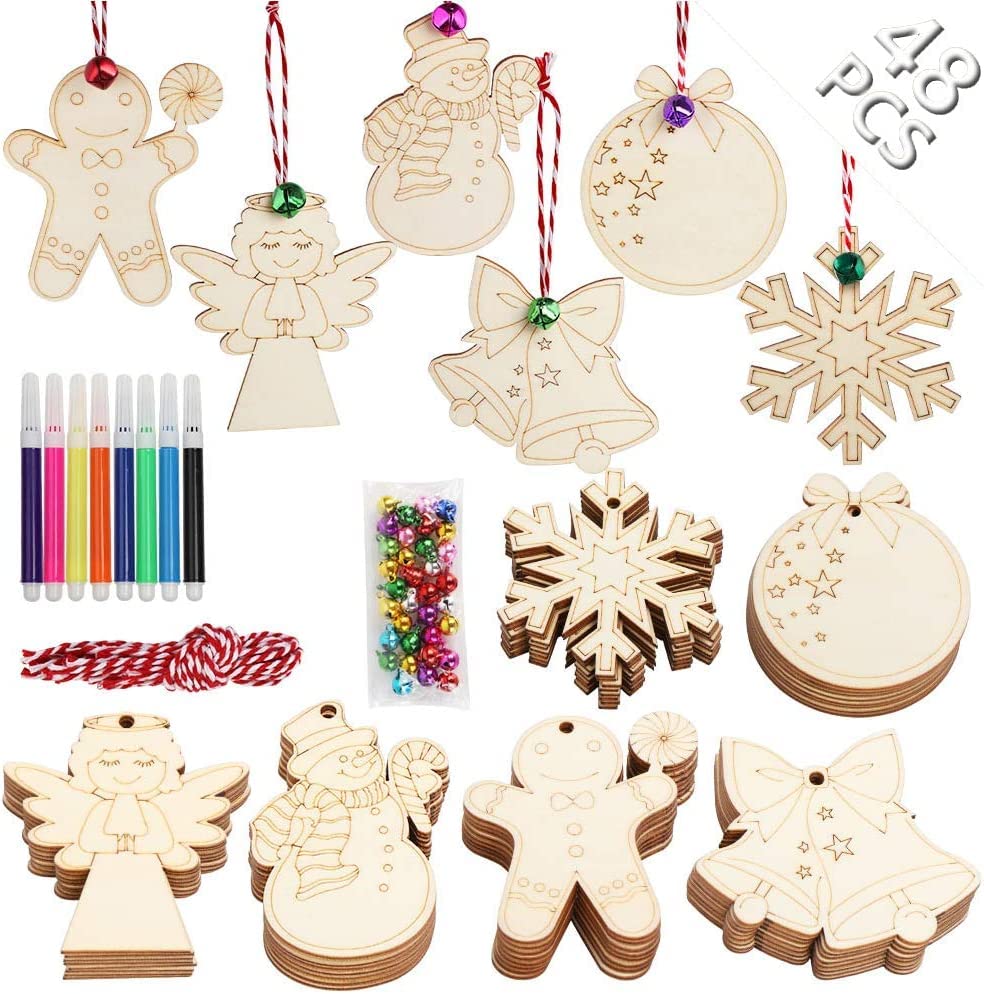 GUDELAK 48PCS Christmas Crafts for Kids, Wooden Christmas Ornaments Unfinished Wood Slices with 6 Styles, DIY Christmas Ornaments Kits for Christmas Tree Holiday Hanging Decorations