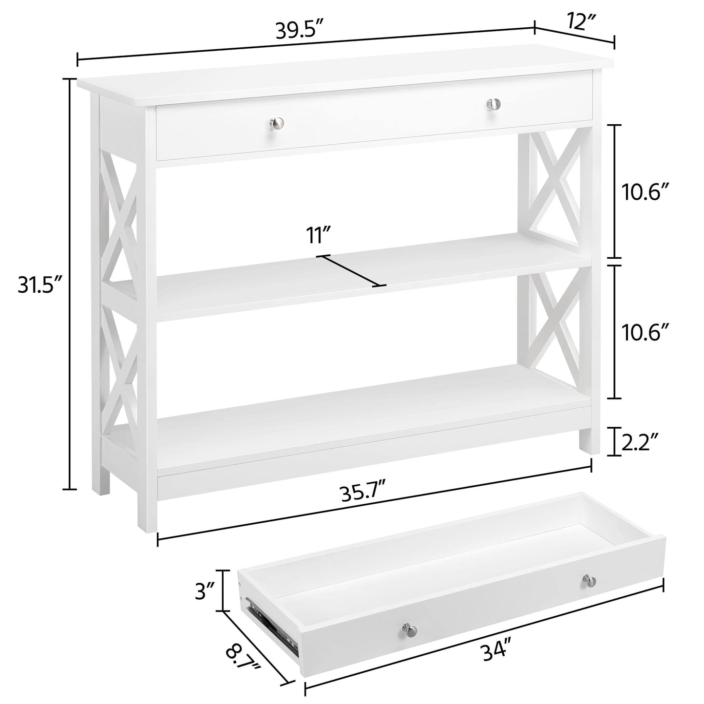 Yaheetech Console Table with Drawer, 3-Tier Entryway Table with Storage Shelves, Wood Narrow Sofa Table for Entryway/Hallway/Living Room, White